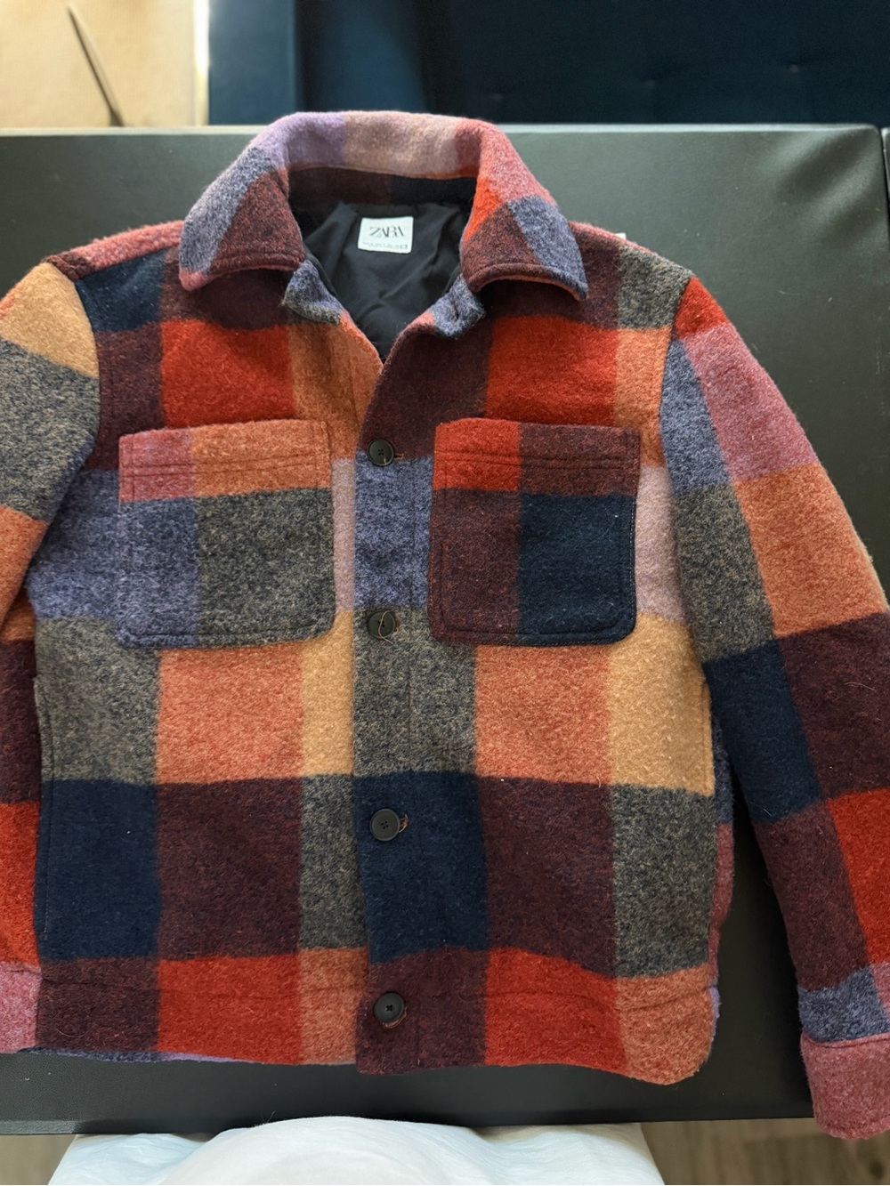 Zara Men's Multi-Check Wool Shirt Jacket - Red, Navy, Gray, Tan